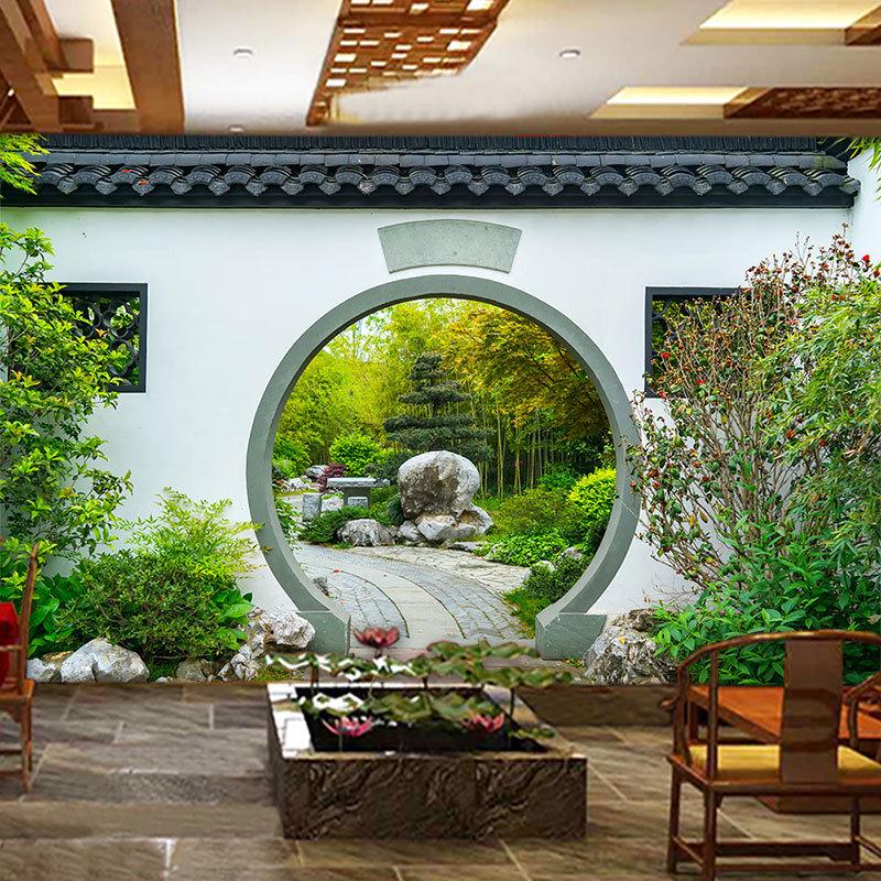 立体中式建筑庭院墙纸烧烤餐厅饭店火锅店壁纸茶室沙发背景墙壁布