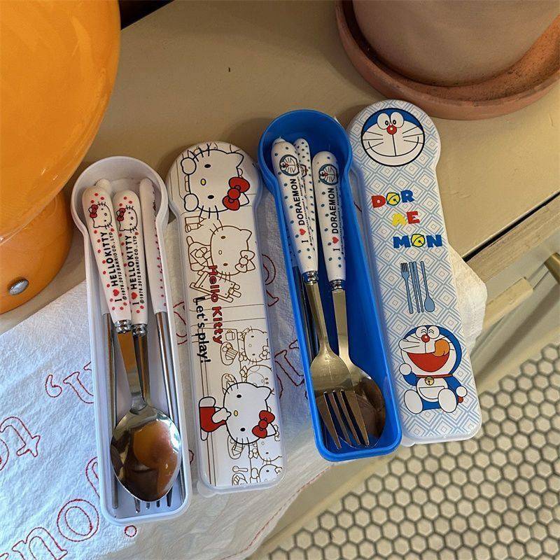 可爱可携式筷子勺子叉子套装学生不锈钢餐具勺叉筷三件套旅行收纳