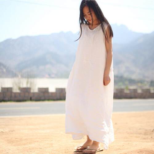 Double layer cotton pleated vest dress, women's linen