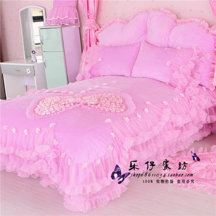 正品冬床裙式新款绗缝边四件套被少女双面绒心床单床花罩套紫色家