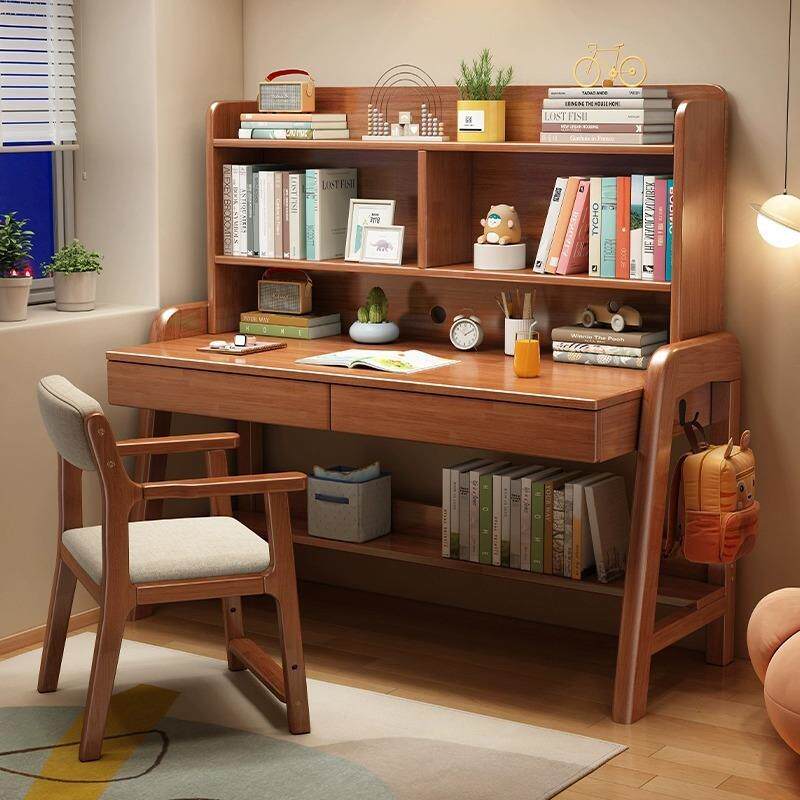 实木儿童学习桌带书架书桌学生家用写字桌子可升降卧室小孩课桌椅