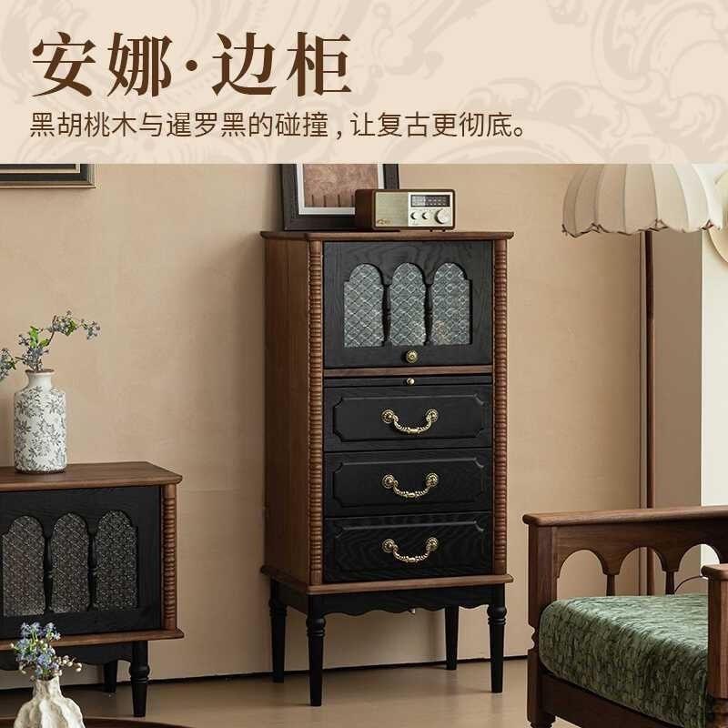 法HGU黑式古桃胡色边柜小户型客厅轻奢带灯抽屉斗柜玻璃复展示餐
