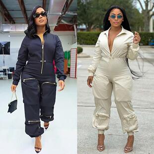 Women's waist cinching workwear jumpsuit, metal zipper