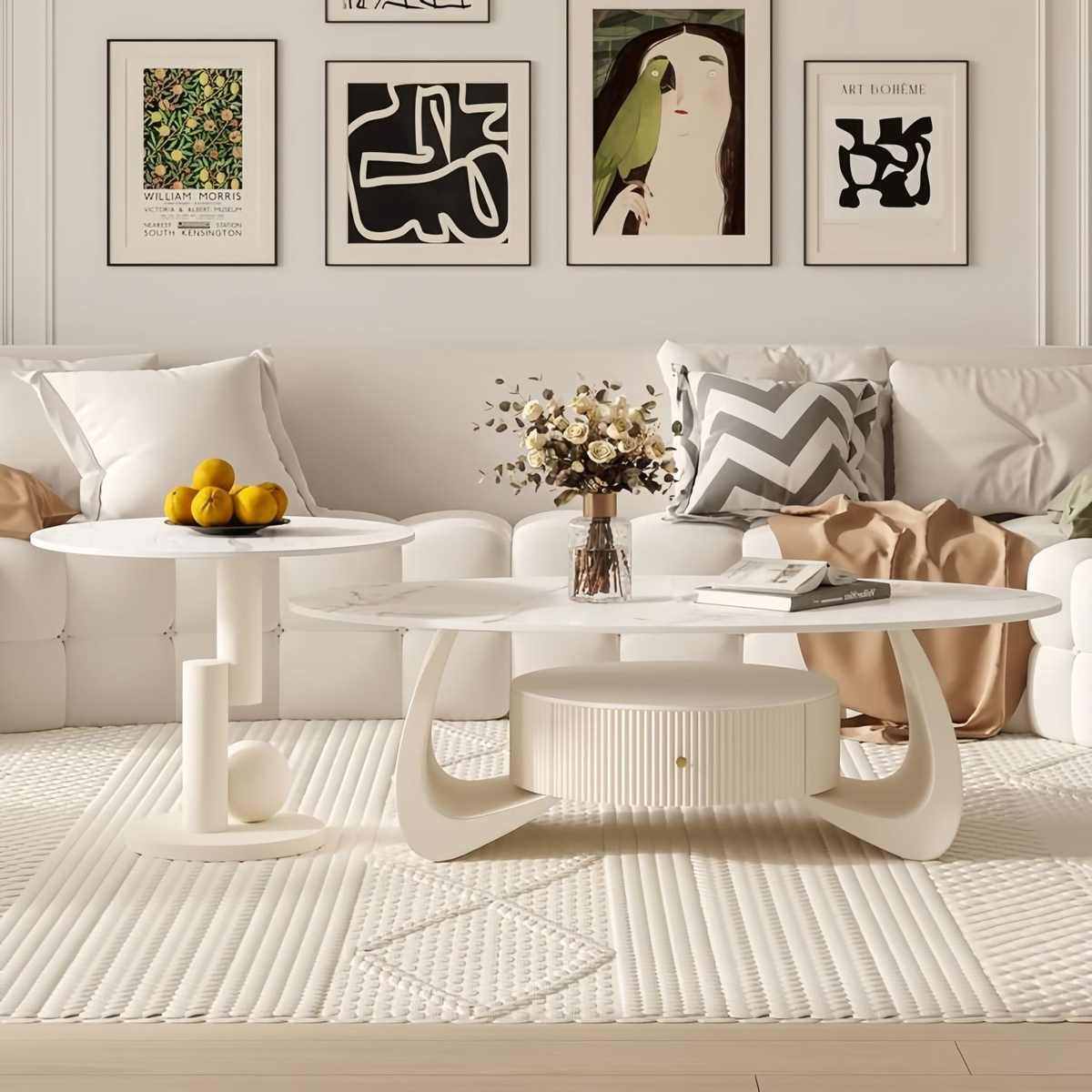 奶油风岩板茶几可伸缩椭圆形茶几家用客厅小户型简约现代茶几组合,商业/办公家具,茶几,淘宝优惠券,粉丝福利购,淘宝优惠卷