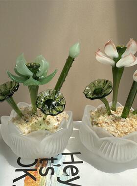 淄博琉璃荷花盆栽摆件玻璃彷真花桌面办公室书桌装饰品