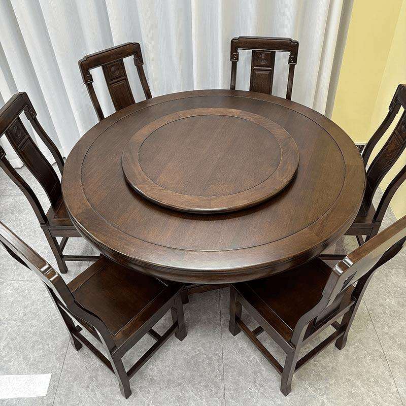 花梨木全实木餐桌椅组合饭桌带转盘中式饭店大圆桌乌金转盘餐桌