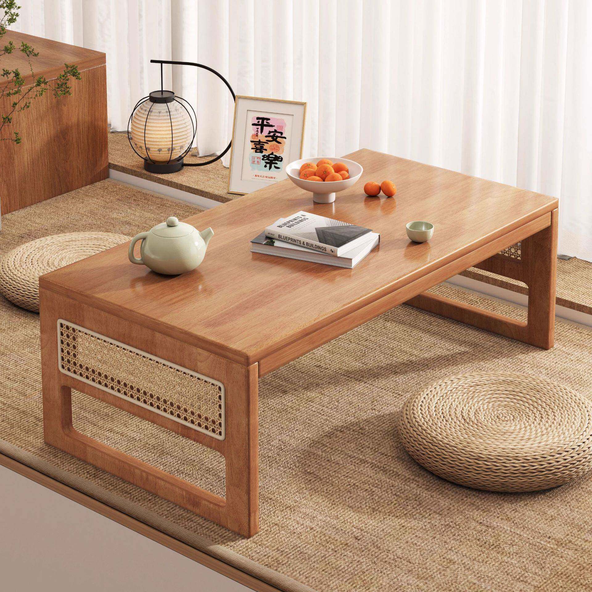 藤编炕桌榻榻米桌卧室床上家用矮桌电脑桌飘窗桌子新中式实木茶几