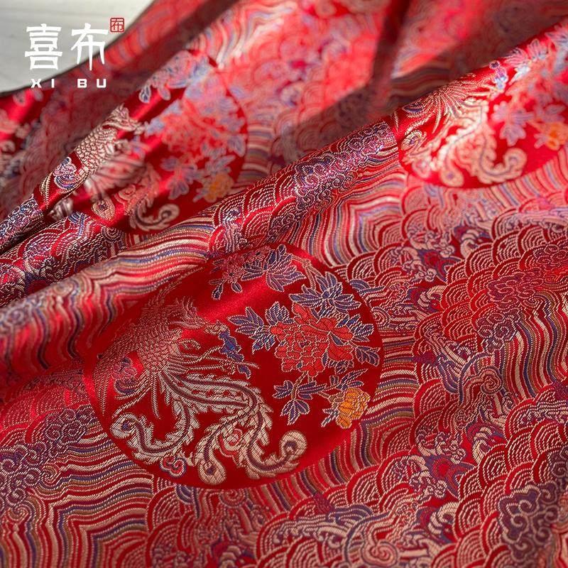 凤穿牡丹红海浪提花布马甲棉衣童装经典织锦缎风凤图表演服装面料