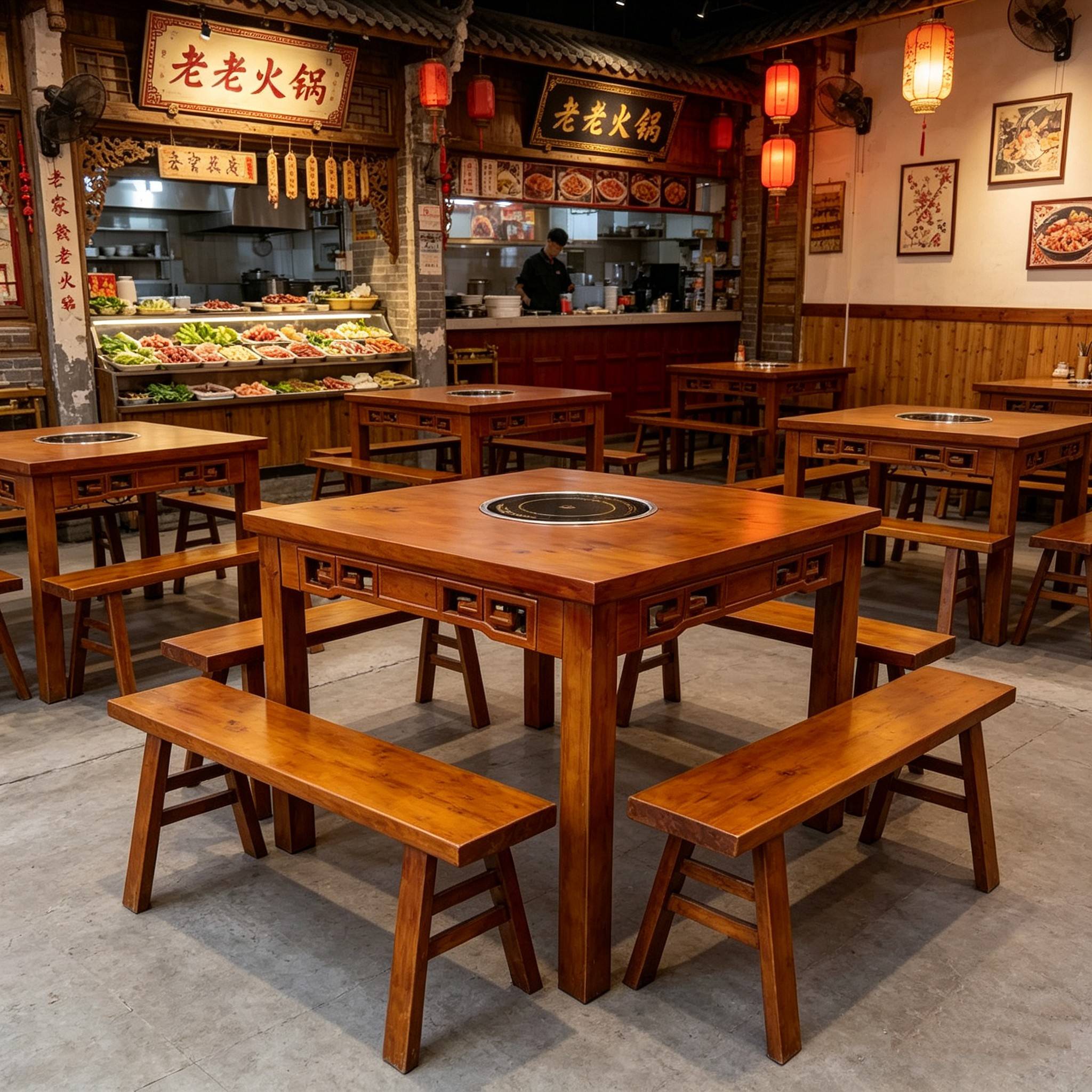 实木雕花火锅桌重庆老火锅桌川菜桌商用实木餐桌椅可个性开孔尺寸