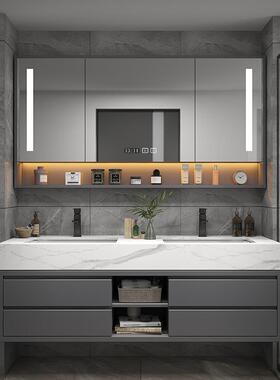 轻奢卫生间岩板一体浴室柜组合洗漱台洗脸洗手池双盆卫浴柜1.5米