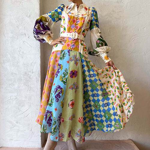Women Print Dress 2026灯笼袖印花翻领收腰大摆连衣裙女