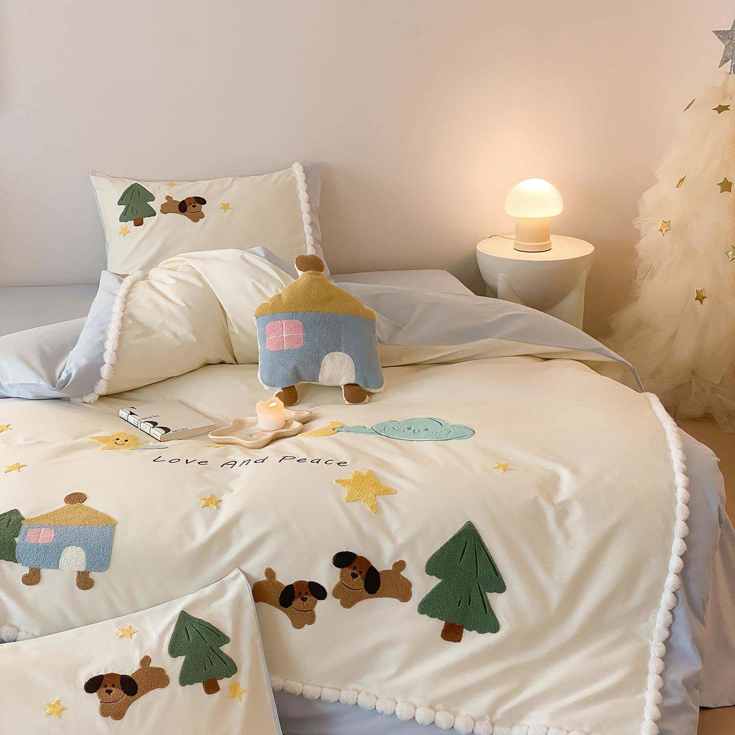 【送抱枕】全棉刺绣磨毛四件套秋冬加厚床上用品纯棉儿童床单被套