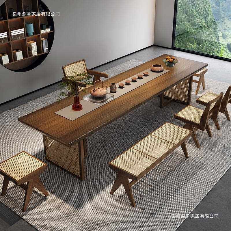 侘寂风办公室实木茶桌椅组合家用编藤工艺喝茶桌带长凳仿古茶台