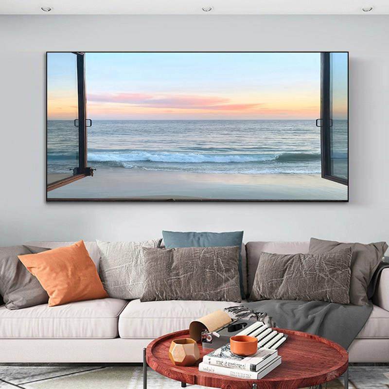 大海空间延伸感风景装饰画客厅沙发背景墙挂画流水生财假窗户画,家居饰品,现代装饰画,淘宝优惠券,粉丝福利购,淘宝优惠卷