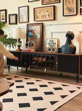 法式复古实木电视柜代家用现简约储奶油风玻璃物柜落RJK客厅收纳