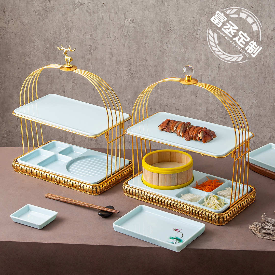 密胺仿瓷片皮鸭组合餐具保温烤鸭盘创意酒店宴席乡厨手提篮特色菜