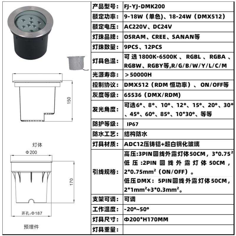 不锈钢面可调地埋灯LED12W18W24W嵌入式射灯别墅园林庭院市政广场