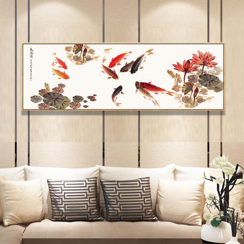 新中式九鱼图大尺寸装饰画沙发背景画墙字画酒店走廊墙壁挂画