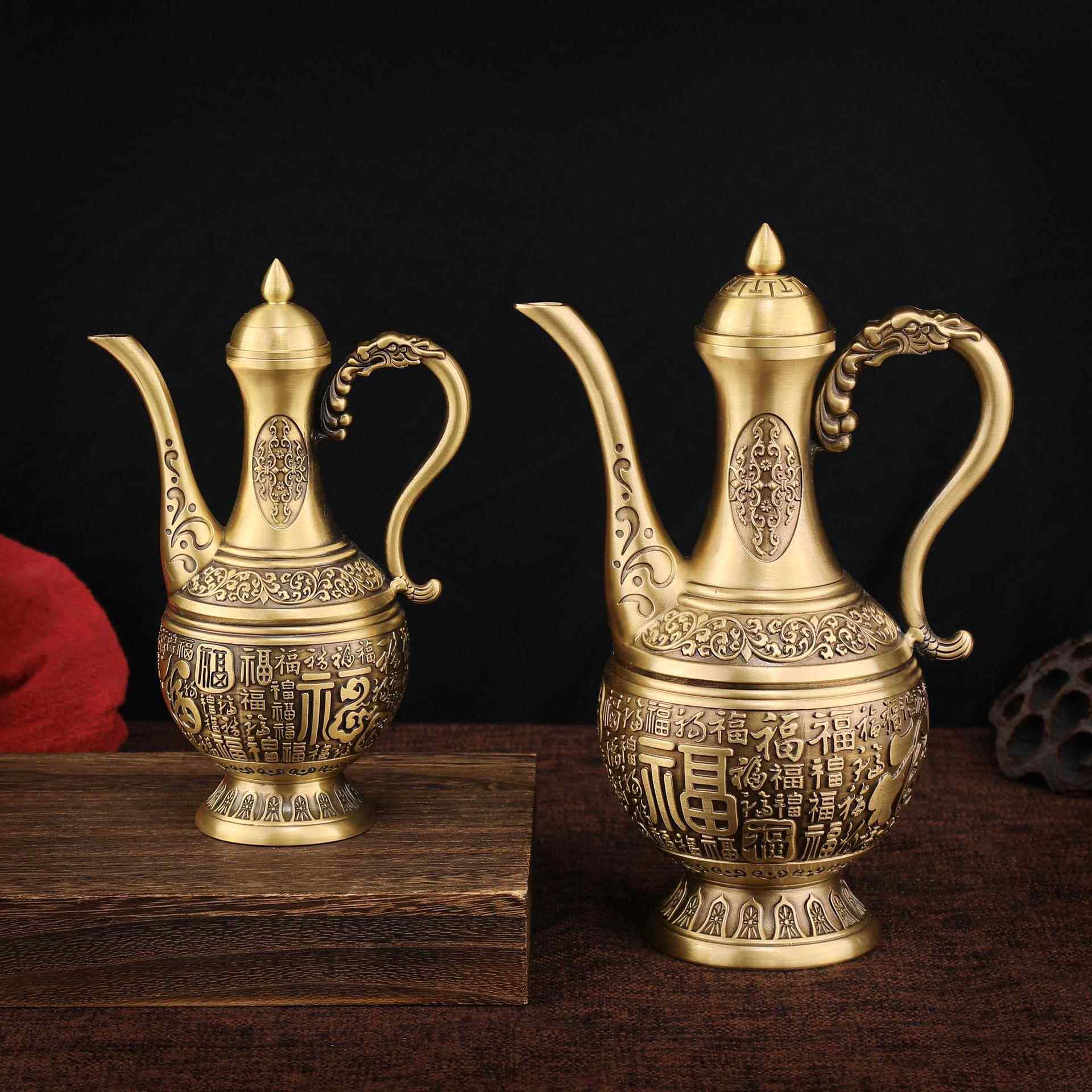 康乾黄铜浮雕百福酒壶 轻奢铜酒壶家居装饰品铜百福酒壶摆件
