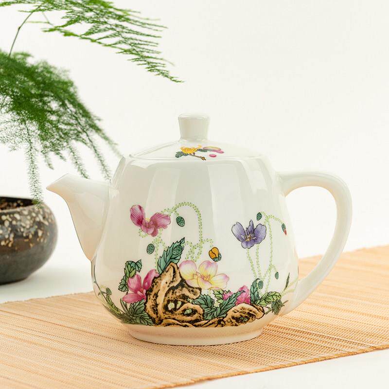 金岚玉现代中式珐琅彩骨瓷茶壶大号小号单壶花茶沏茶壶带过滤孔