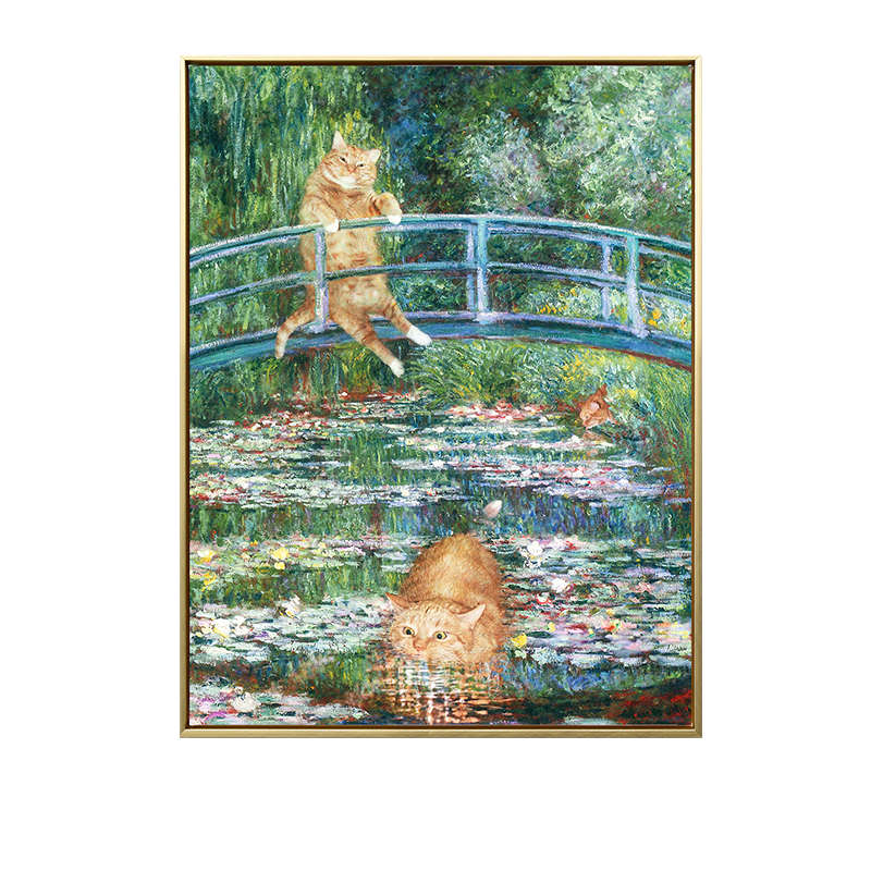 橘猫恶搞 名画北欧风格客餐厅创意装饰画德加克里姆特吻莫奈池塘图片