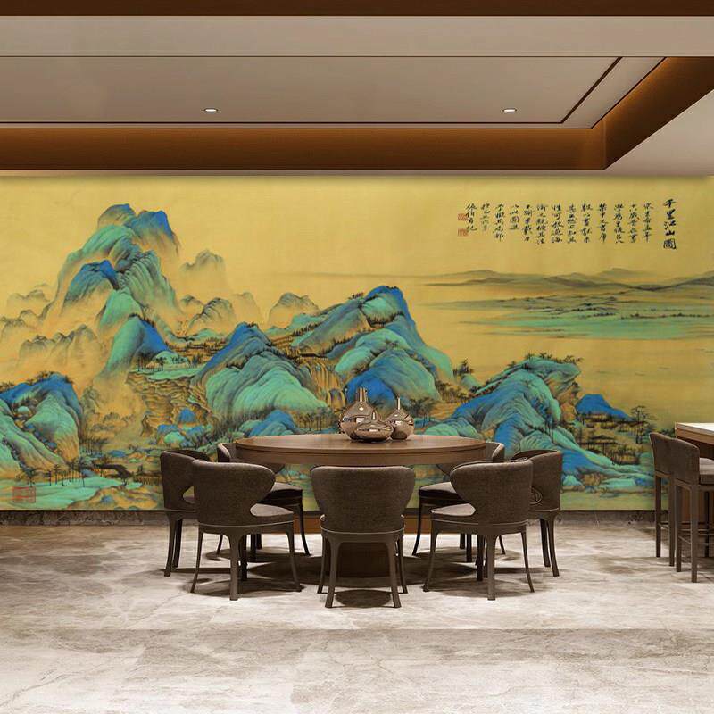 中式复古千里江山图墙纸客厅沙发电视背景墙布酒楼办公室茶室壁纸
