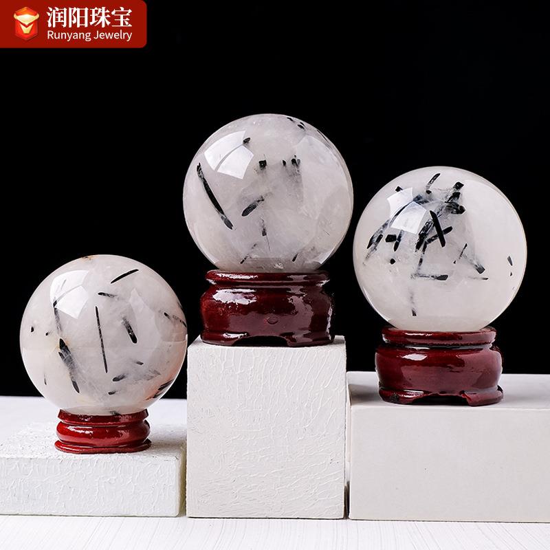 天然黑发晶水晶球摆件原石打磨黑碧玺能量石球家居桌面装饰摆件