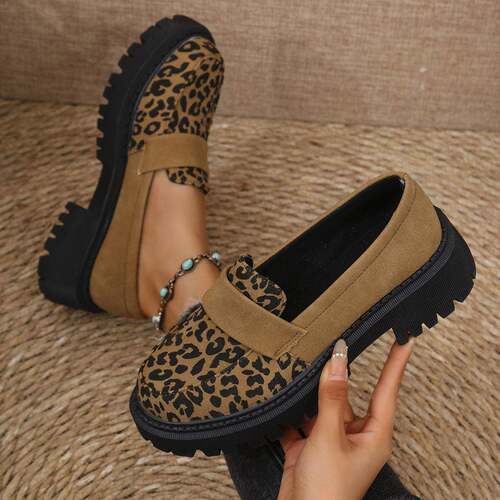 Womens Fashion Leopard Print Chunky Sole Loafers Casual