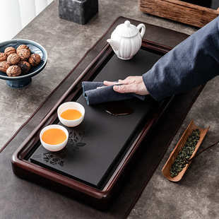 简约吸水功夫茶具干泡茶盘 大岸堂创意乌金石檀木茶盘家用排水式