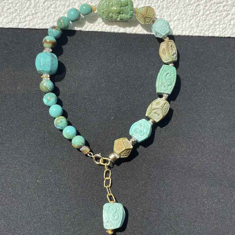 原矿高瓷绿松石唐草纹无相珠手链男女款单圈手串14.6×9.8×7.8mm