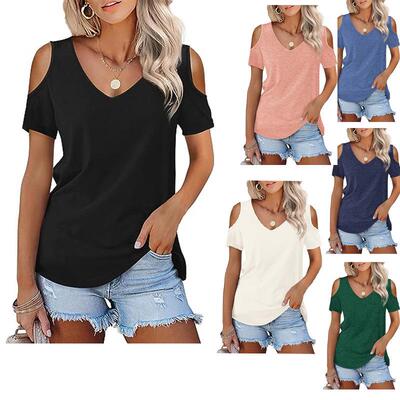 Womens Summer Cold Shoulder T-Shirt Casual Short Sleeve V