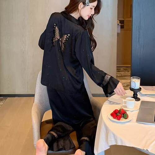 睡衣冰女款春秋款2026新款高级感长袖镂空蝴蝶黑色家居服1005d