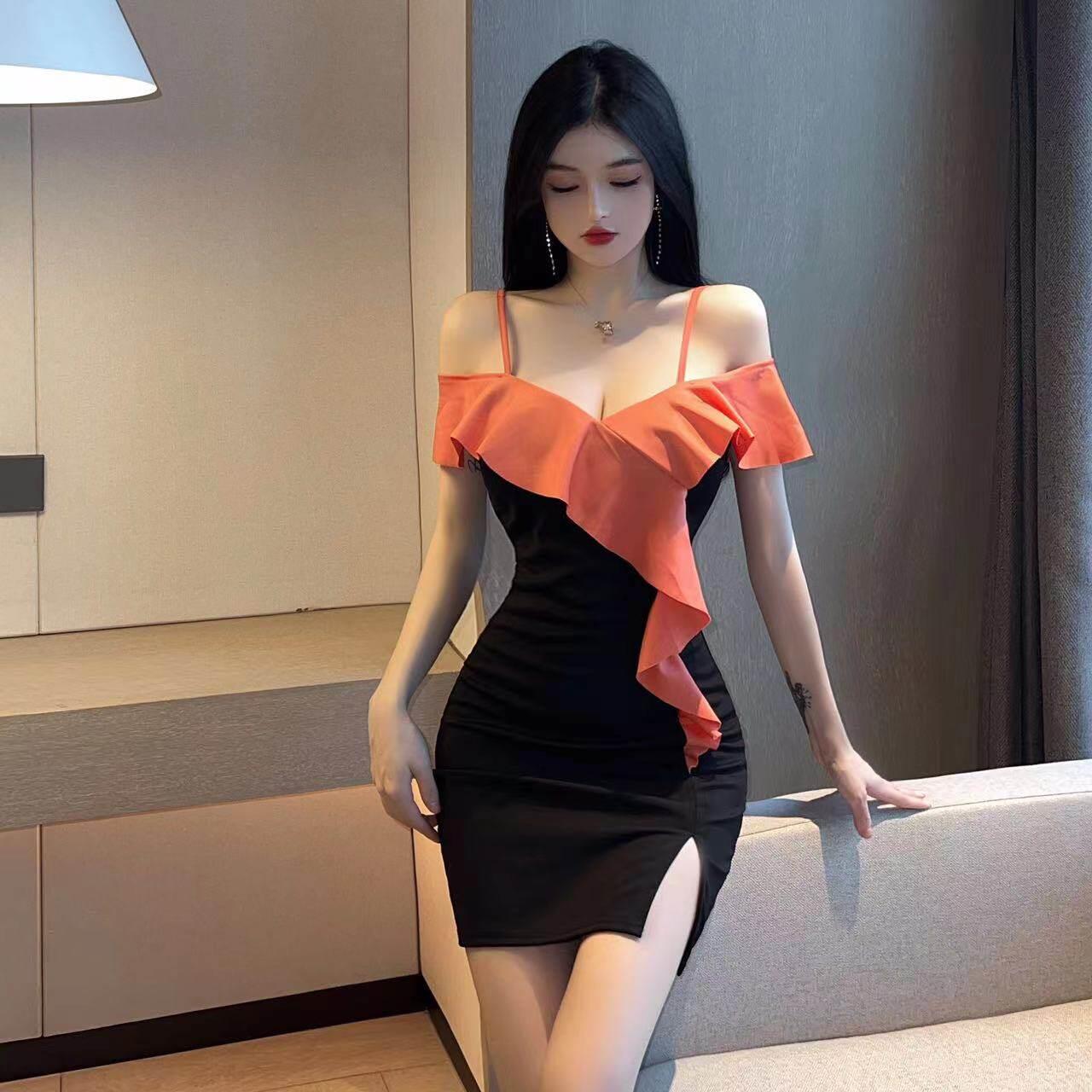 性感夜店吊带露肩荷叶边拼接撞色礼服裙一字领紧身包臀短袖连衣裙