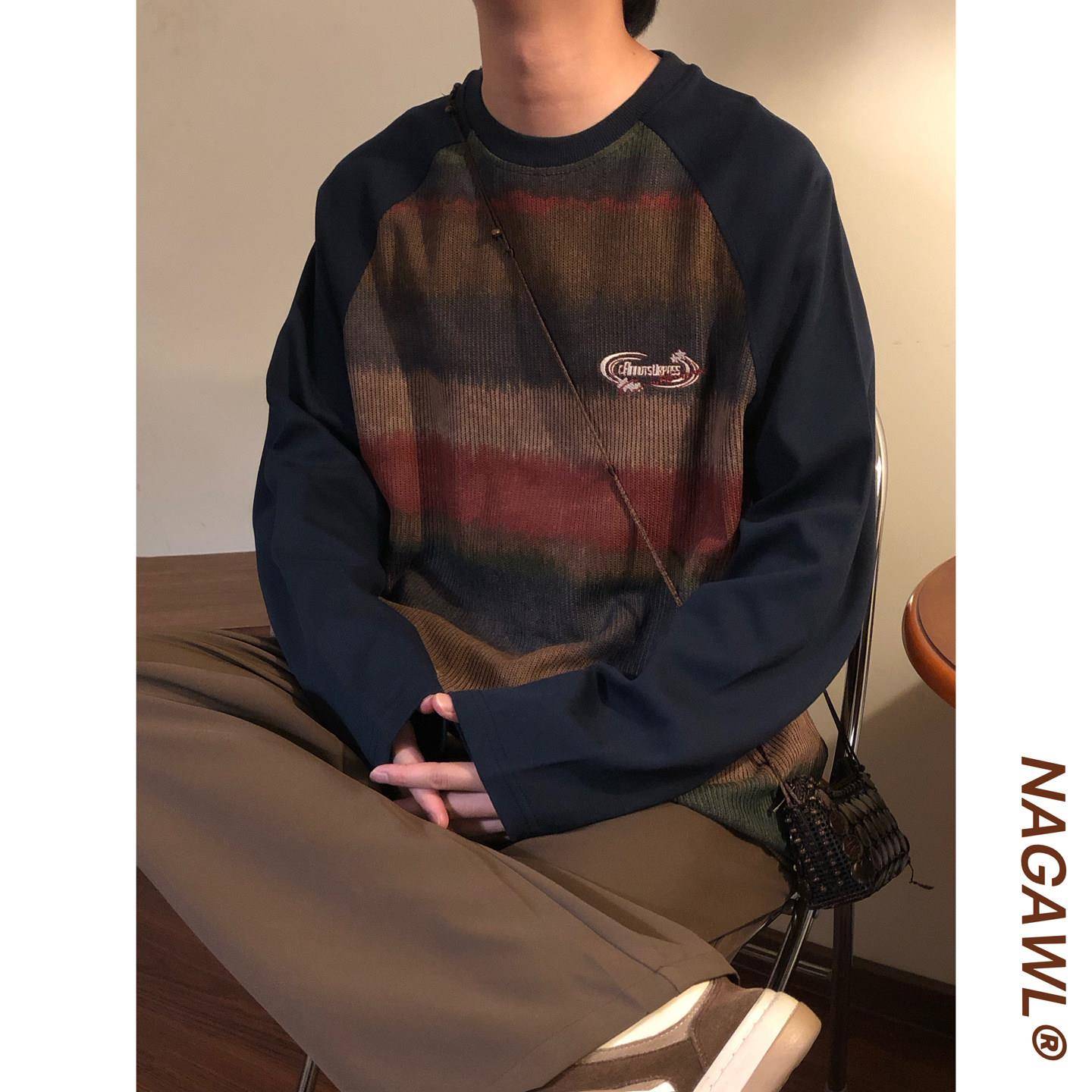 NAGAWL秋季美式覆古拼接宽松拼色渐变圆领插肩袖套头长袖卫衣男女