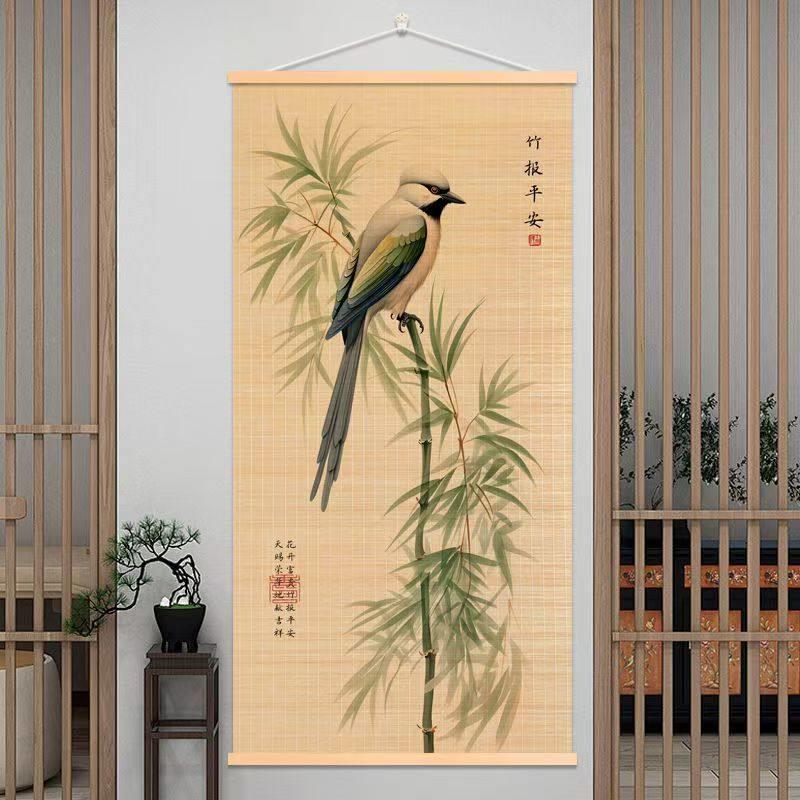 竹报平安竹帘挂画茶室卧室客厅中式墙上竹编装饰画禅意竹艺制品画