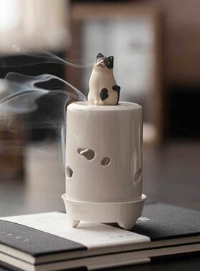 创意草木灰可爱小猫咪陶瓷香薰炉摆件家用室内盘香炉檀沉香器香道