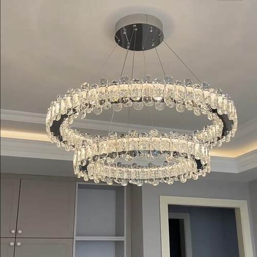 现代轻奢水晶吊灯客厅餐厅用不锈钢水晶灯三色光调节吊灯北欧风格