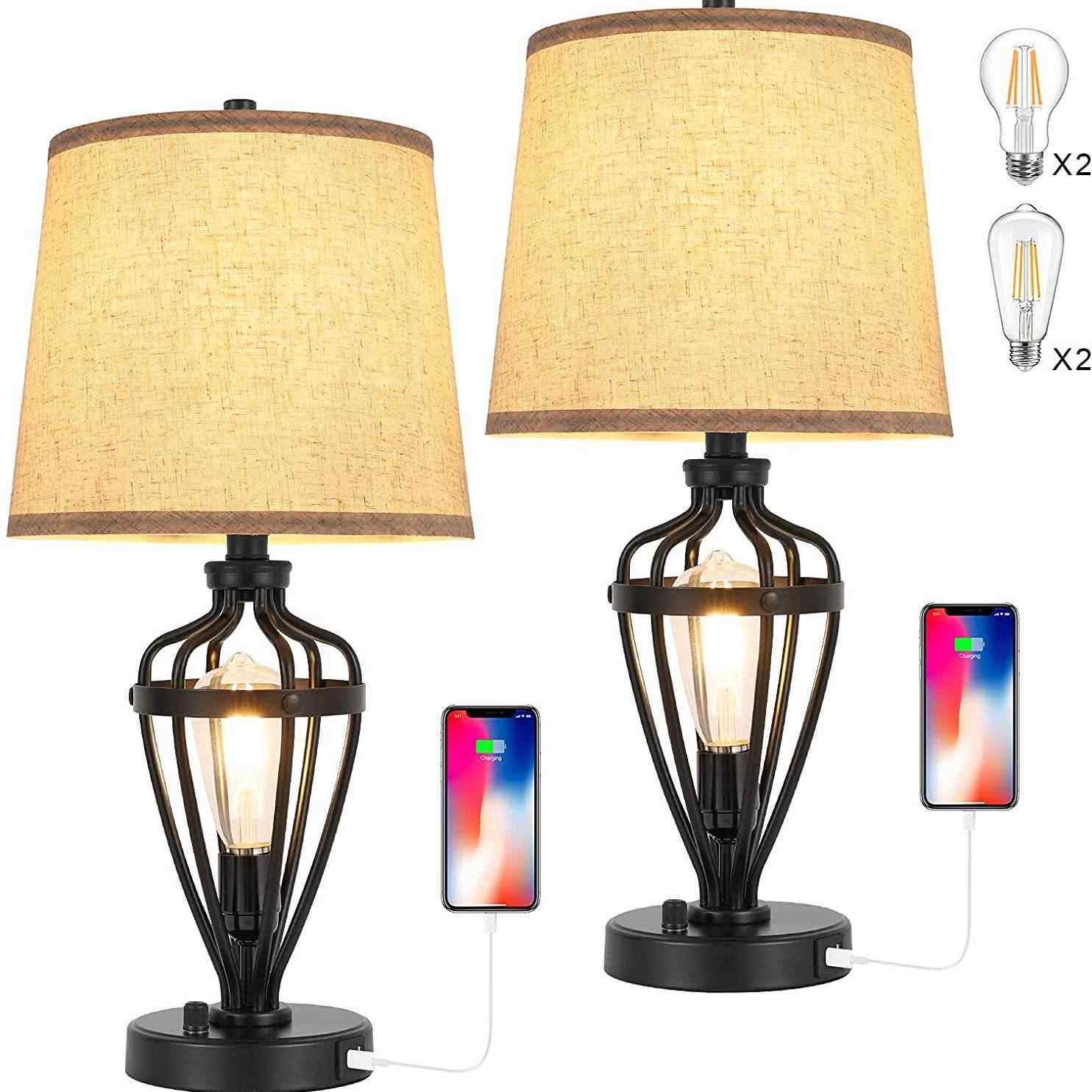 2022年新款旋转USB烤漆黑色布艺灯罩卧室美式复古台灯