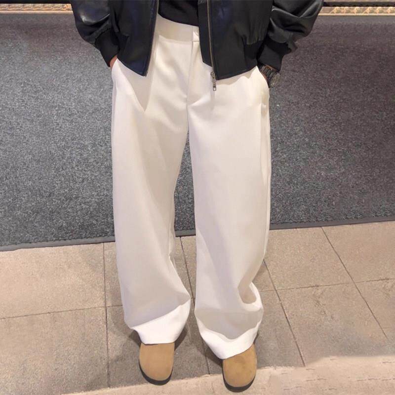 轻奢白色阔腿宽松垂感弯刀西裤男春秋痞帅穿搭高腰长裤休闲直筒裤