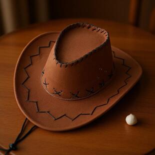 Unisex Faux Suede Western Cowboy Hat Wide Brim Stitched Sun