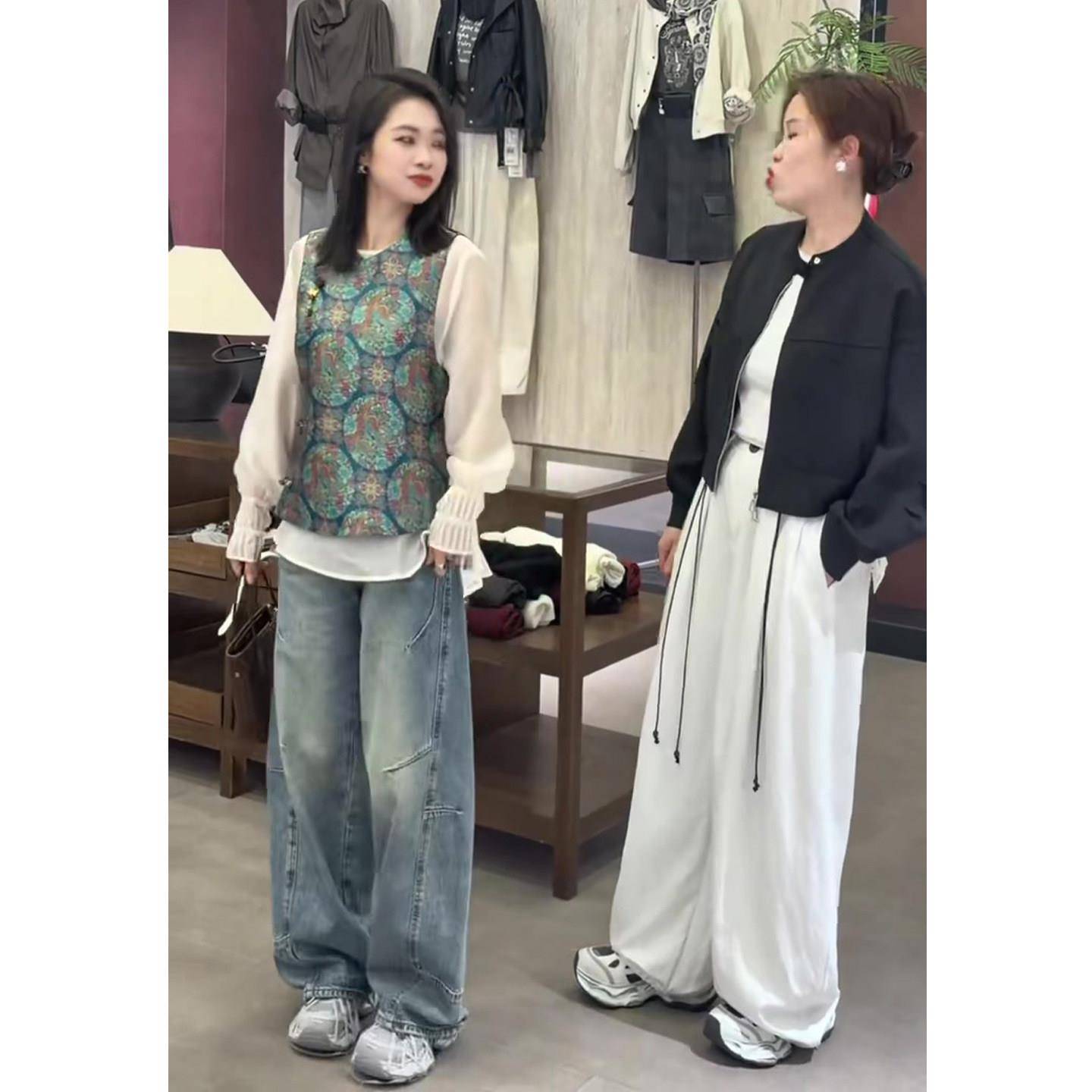 极速新中式国风套装女2026春季新款圆领斜襟马甲+牛仔阔腿裤+打底