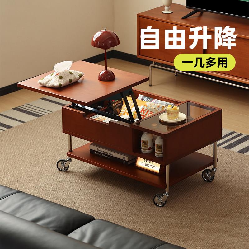 小万家具/北欧覆古实木升降茶几可移动边几小推车小户型收纳茶桌