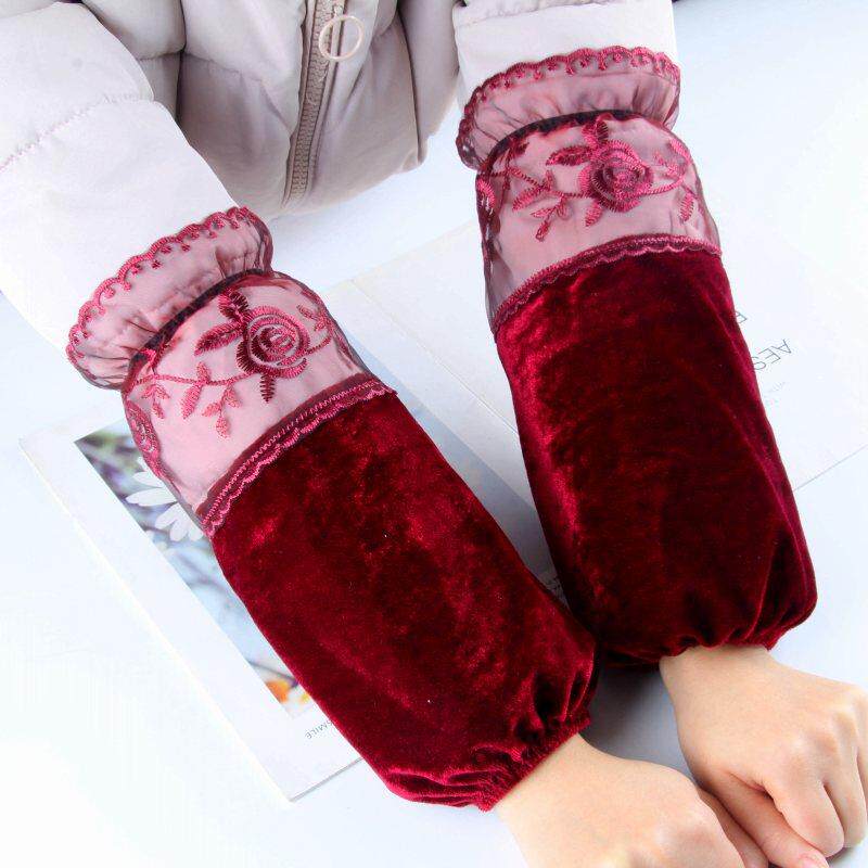 秋冬金丝绒蕾丝短款羽绒服防污护袖套成人女士学生红色套袖头手袖