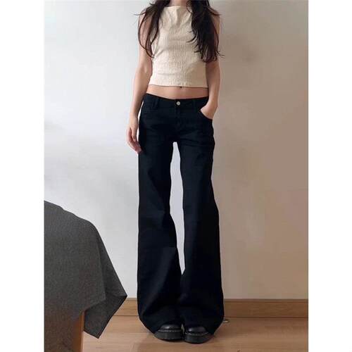 美叭覆古黑色辣妹阔腿微喇牛式仔裤女宽松地显瘦高个子加长PAM拖