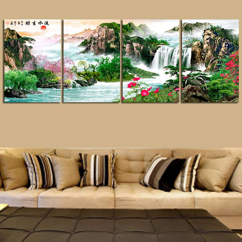 客厅装饰画风景山水流水生财无框画沙发背景墙上挂画壁画四联现代图片