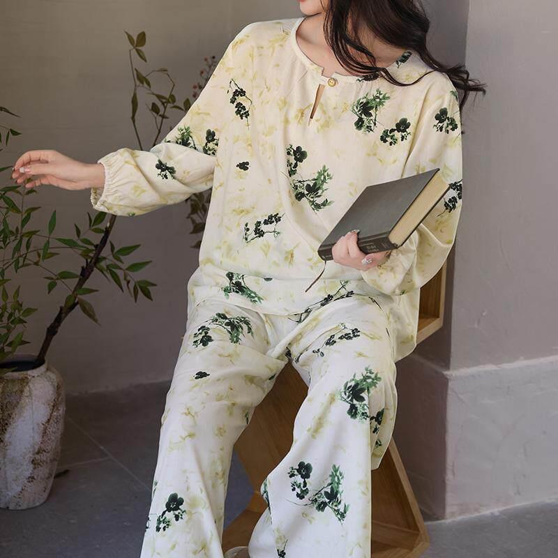 绵绸睡衣女士春秋季长袖高级感人造棉新中式国风绵绸家居服套装薄