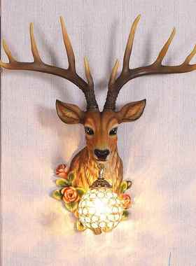 YDZ招财鹿角鹿格头壁灯美乡村复古风客厅床头装饰式卧室酒工吧艺