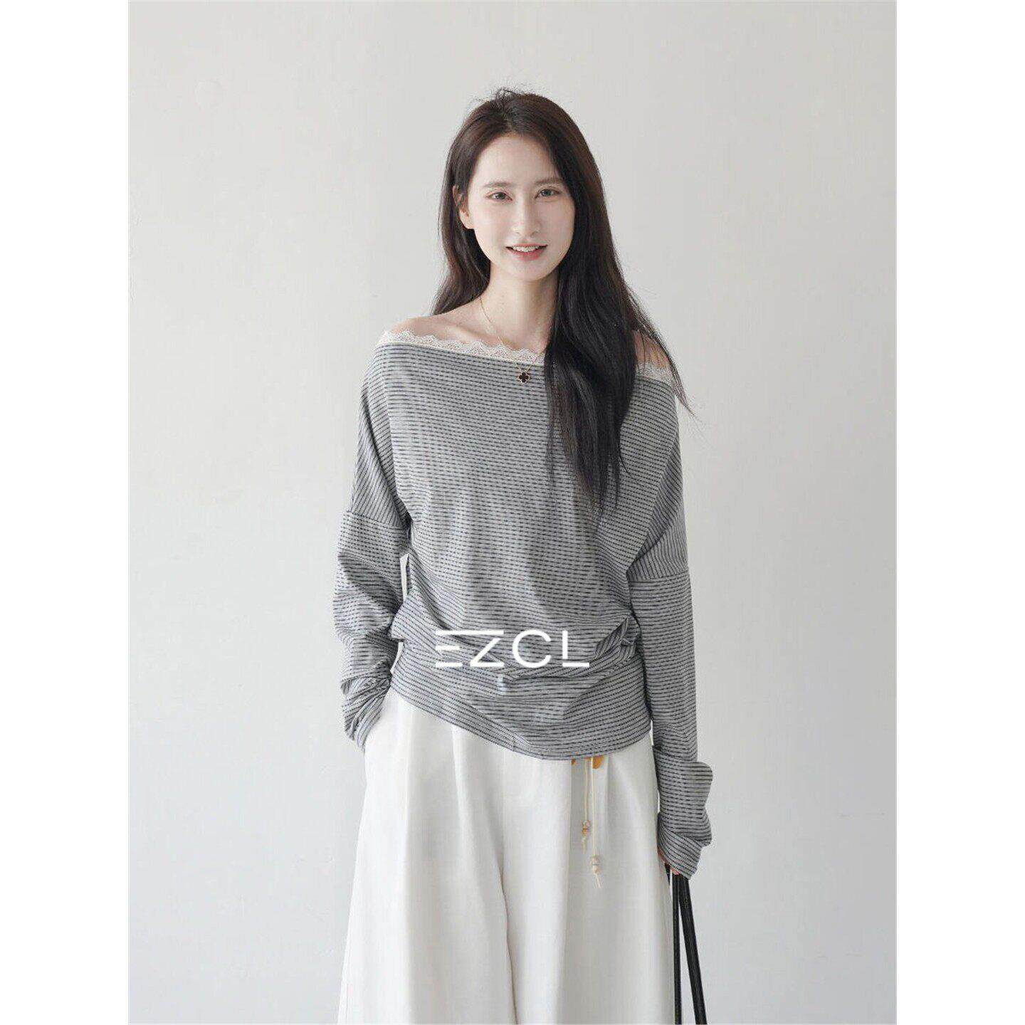 EZCL 春季条纹蕾丝花边斜肩长袖一字肩T恤设计感气质收腰显瘦上衣