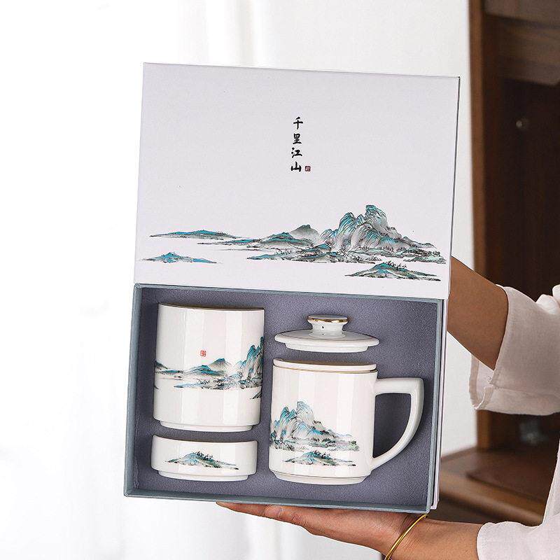 羊脂玉瓷 千里江山陶瓷公水杯马克杯带盖过滤茶水杯烟灰缸笔筒