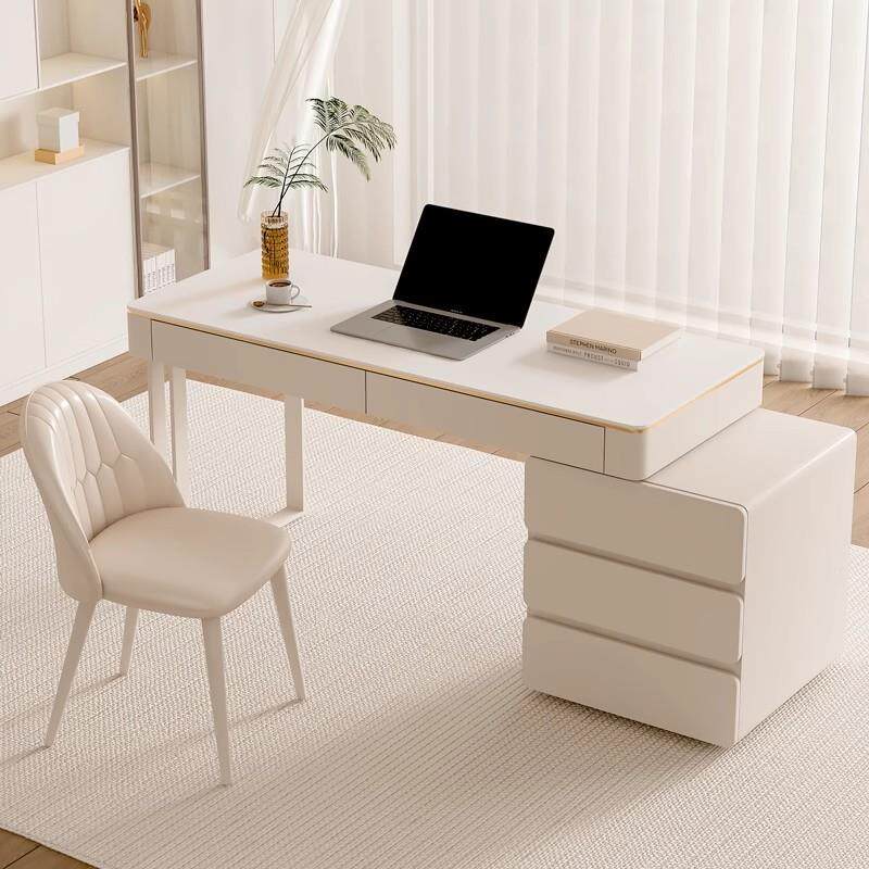 奶油风岩板书桌家用轻奢现代小型书房学生写字台电脑办公桌椅组合
